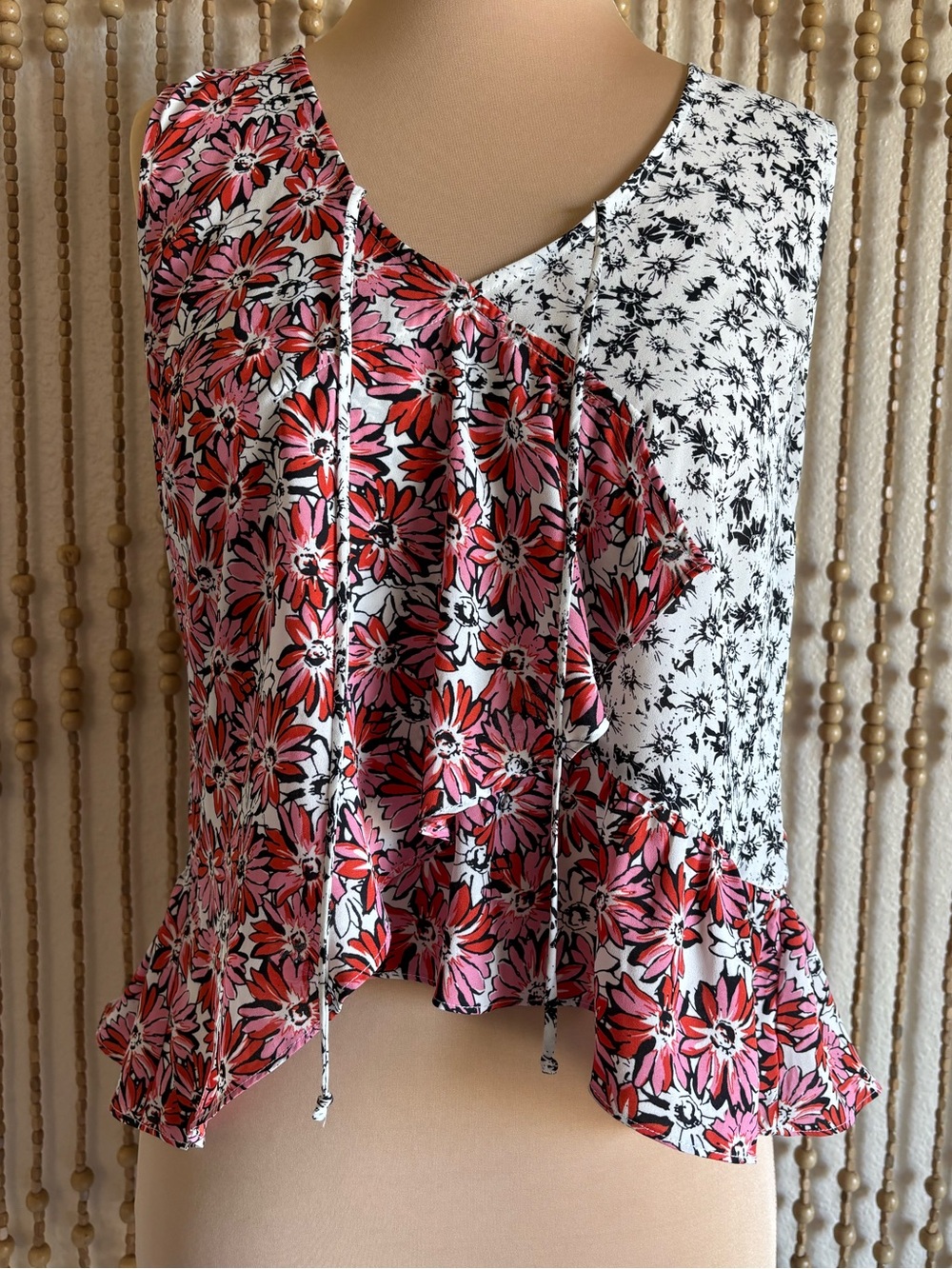 Cabi Seraphina Peplum Blouse Patchwork Floral Sleeveless Wrap Pink Black Blouse